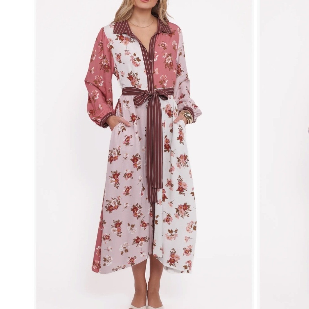 Petal & Pup Maiden Long Sleeve Shirtdress Rayon Floral Colorblock Small NEW